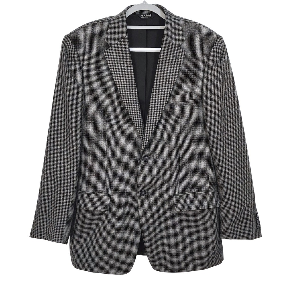 Jos A Bank Traveler Collection 42L Wool Blazer Gray Houndstooth Sport Coat Mens